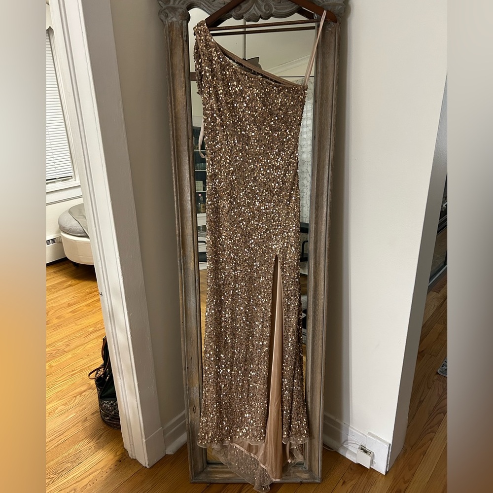 Mac Duggal Copper One Shoulder Sequined Gown Size 6